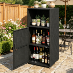 Black Wicker Garden Storage Cabinet, Dual Open & Closed Design Outdoor Tool Cushion Storage Cabinet for Backyard Porch Poolside - Image 3