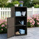 Black Wicker Garden Storage Cabinet, Dual Open & Closed Design Outdoor Tool Cushion Storage Cabinet for Backyard Porch Poolside - Image 6