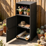 Black Wicker Garden Storage Cabinet, Dual Open & Closed Design Outdoor Tool Cushion Storage Cabinet for Backyard Porch Poolside - Image 7