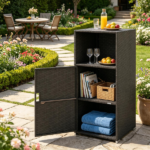 Black Wicker Garden Storage Cabinet, Dual Open & Closed Design Outdoor Tool Cushion Storage Cabinet for Backyard Porch Poolside - Image 8