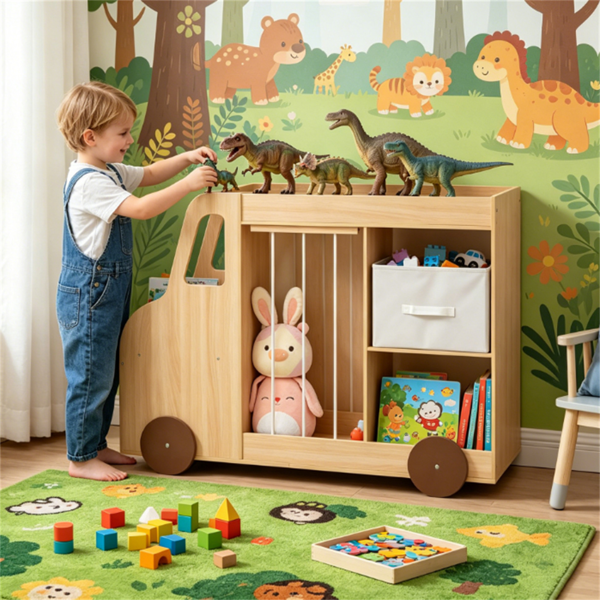 4-in-1 Kids Toy Storage Organizer with Rolling Wheels, Car Shape Wooden Bookshelf with Fabric Drawer for Playroom Nursery, Age 3+ Natural