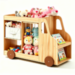 4-in-1 Kids Toy Storage Organizer with Rolling Wheels, Car Shape Wooden Bookshelf with Fabric Drawer for Playroom Nursery, Age 3+ Natural - Image 4