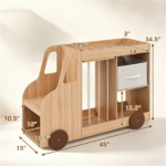 4-in-1 Kids Toy Storage Organizer with Rolling Wheels, Car Shape Wooden Bookshelf with Fabric Drawer for Playroom Nursery, Age 3+ Natural - Image 5