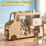 4-in-1 Kids Toy Storage Organizer with Rolling Wheels, Car Shape Wooden Bookshelf with Fabric Drawer for Playroom Nursery, Age 3+ Natural - Image 7