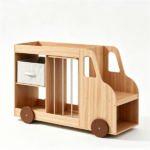 4-in-1 Kids Toy Storage Organizer with Rolling Wheels, Car Shape Wooden Bookshelf with Fabric Drawer for Playroom Nursery, Age 3+ Natural - Image 8