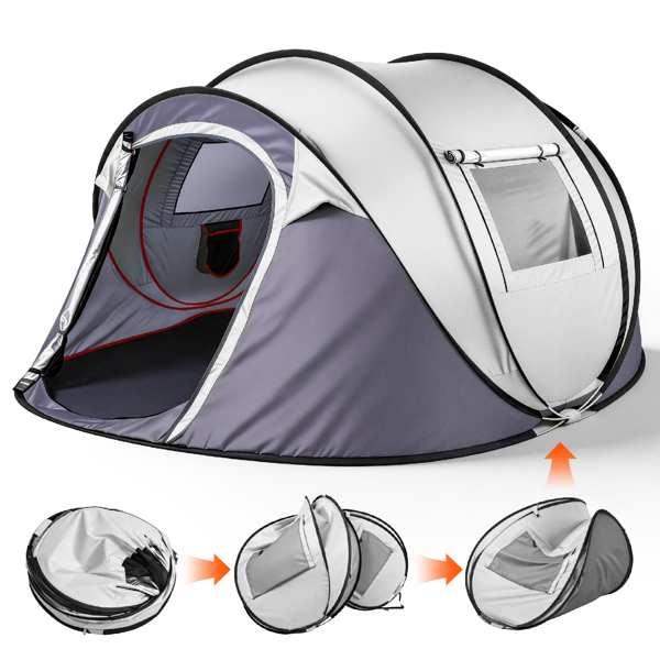 4 Person Pop Up Tent for Camping, Waterproof Instant Family Tent with Front Awning, Automatic Tent Throw Pop Up Instant Flip Pop Tent for Camping, Light Gray