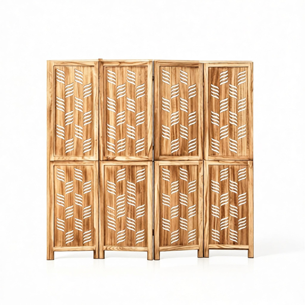 4 Panel Paulownia Wood Folding Room Divider with Wave Cutout Pattern, Double-Side 180° Hinges Stable Support Legs No Assembly Required Freestanding Privacy Screen for Bedroom Living Room Office Brow