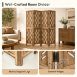 4 Panel Paulownia Wood Folding Room Divider with Wave Cutout Pattern, Double-Side 180° Hinges Stable Support Legs No Assembly Required Freestanding Privacy Screen for Bedroom Living Room Office Brow - Image 4