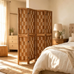 4 Panel Paulownia Wood Folding Room Divider with Wave Cutout Pattern, Double-Side 180° Hinges Stable Support Legs No Assembly Required Freestanding Privacy Screen for Bedroom Living Room Office Brow - Image 5