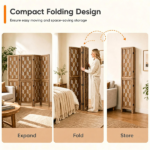 4 Panel Paulownia Wood Folding Room Divider with Wave Cutout Pattern, Double-Side 180° Hinges Stable Support Legs No Assembly Required Freestanding Privacy Screen for Bedroom Living Room Office Brow - Image 8