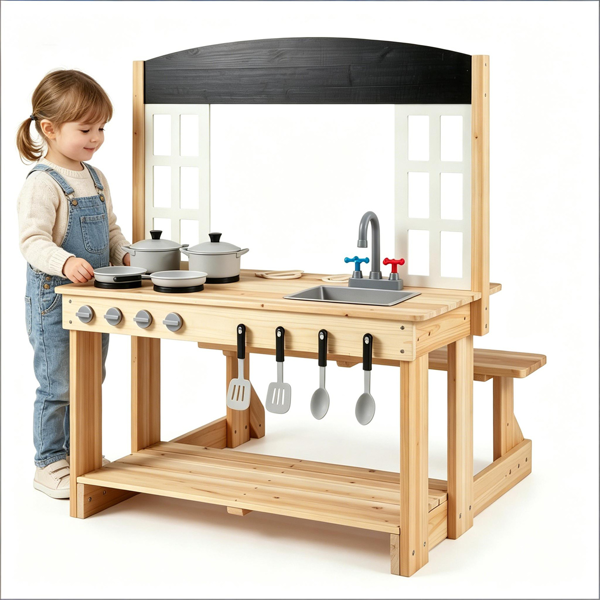 87742169_1 Natural Wooden Kids Mud Kitchen Playset with Bench & Removable Sink, Complete Cookware Accessories Pretend Play Kitchen for Toddlers 3+ - Image 1