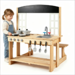 Natural Wooden Kids Mud Kitchen Playset with Bench & Removable Sink, Complete Cookware Accessories Pretend Play Kitchen for Toddlers 3+ - Image 2