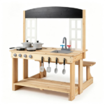 Natural Wooden Kids Mud Kitchen Playset with Bench & Removable Sink, Complete Cookware Accessories Pretend Play Kitchen for Toddlers 3+ - Image 5