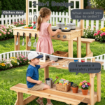 Natural Wooden Kids Mud Kitchen Playset with Bench & Removable Sink, Complete Cookware Accessories Pretend Play Kitchen for Toddlers 3+ - Image 8