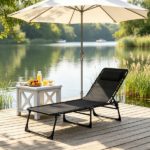 Black Folding Chaise Lounge Pool Chair – for Poolside Sunbathing, 4-Position Reclining Back, Pillow, Breathable Mesh & Bungee Seat - Image 2