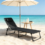 Black Folding Chaise Lounge Pool Chair – for Poolside Sunbathing, 4-Position Reclining Back, Pillow, Breathable Mesh & Bungee Seat - Image 5