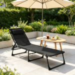 Black Folding Chaise Lounge Pool Chair – for Poolside Sunbathing, 4-Position Reclining Back, Pillow, Breathable Mesh & Bungee Seat - Image 8