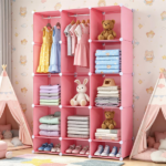 3-Cube Pink Modular Kids Closet, PP & Metal Storage Organizer with Hanging Rods, Tool-Free Assembly Baby Wardrobe for Clothes Toys Books - Image 3