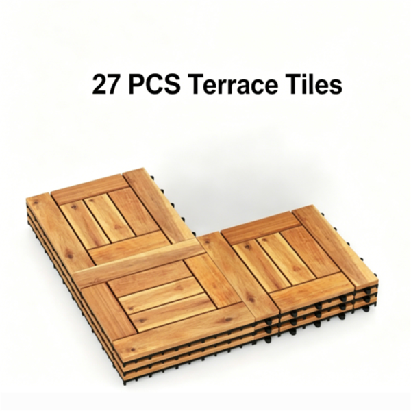 27PCS Interlocking Deck Tiles, Natural Acacia Wood Waterproof Floor Tile with Drainage Base, Anti-Slip Snap Flooring for Patio Balcony Bathroom