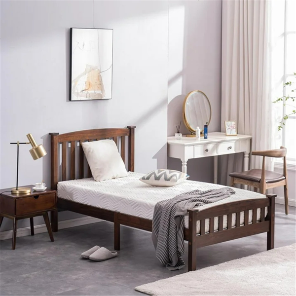 Twin Pine Bed Frame Painted Single-Layer Wooden Bed Curved Headboard and Footboard Bed Frame Wooden Bed with Vertical Decorative Strips at the Headboard 78.94*42.52*38.98in Coffee Brown