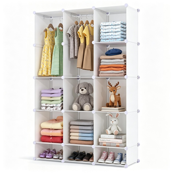 3-Cube White Modular Kids Closet, PP & Metal Storage Organizer with Hanging Rods, Tool-Free Assembly Baby Wardrobe for Clothes Toys Books
