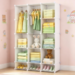 3-Cube White Modular Kids Closet, PP & Metal Storage Organizer with Hanging Rods, Tool-Free Assembly Baby Wardrobe for Clothes Toys Books - Image 7