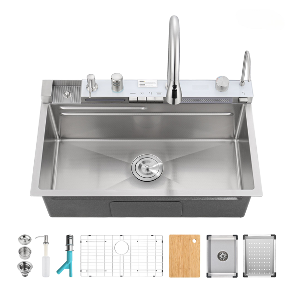 Pull-out Faucet Single Bowl Sink Kitchen Vegetable Sink 304 30"x18" Whale Waterfall Sink Stainless Steel Dish Sink wIth Dishwasher Accessories Household Vegetable Washing Basin, Dark Gray[Unable ship on weekends, TK/TEMU only for pickup, only TX10643 warehouse supports GOFO]