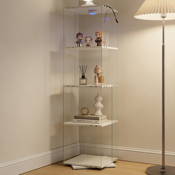Rotatable four-layer tempered glass display cabinet,liquor cabinet,file cabinet,storage cabinet,with remote control paipai lamp,adjustable feet,be placed in the living room,kitchen,corridor,white