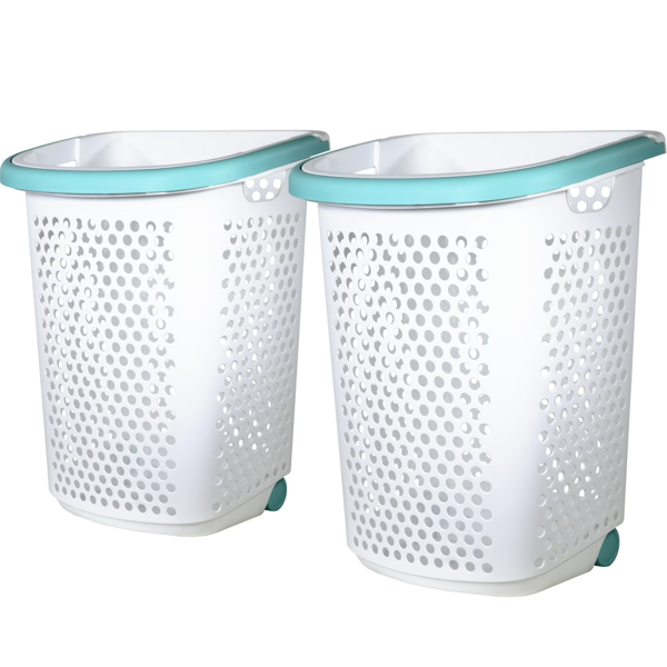 92881710_1 2 Bushel Rolling Plastic Laundry Hamper with Pop-up Handle, White, 2 Pack (Shipment from Walmart) - Image 1