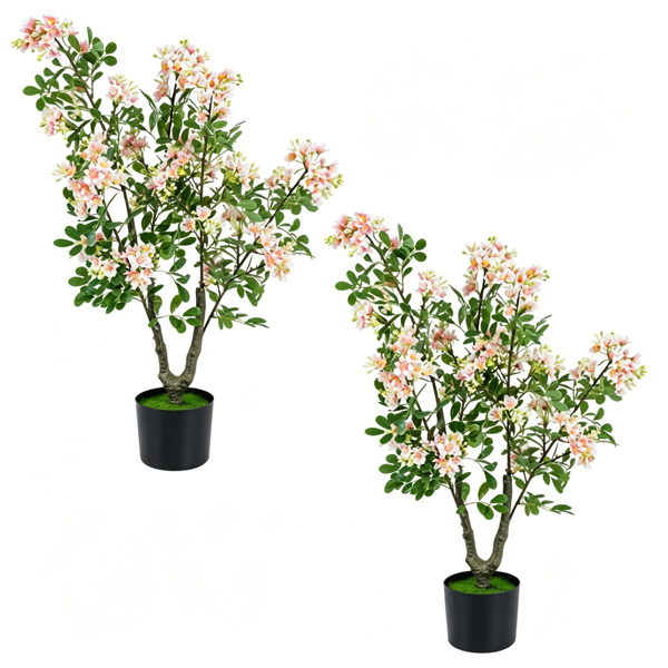 2 Pack 36" Artificial Impatiens Blossom Tree, Silk Fake Potted Flower Tree with Cement Base, Lifelike Faux Floral Plant for Home Porch Office Decor