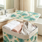 19 Gallon Bamboo Laundry Hamper with Lid & Removable Washable Liner, Foldable Dirty Clothes Basket with Side Handles for Bedroom Bathroom-Green + White - Image 5