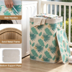 19 Gallon Bamboo Laundry Hamper with Lid & Removable Washable Liner, Foldable Dirty Clothes Basket with Side Handles for Bedroom Bathroom-Green + White - Image 8