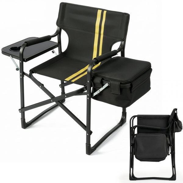 94966756_1 46.46" x 20.87" x 33.46" Folding Camping Chair with Side Table & Insulated Cooler Bag, Spray-Coated Aluminum Frame, Black with Double Yellow Vertical Stripes, 265 lbs Capacity Foldable Outdoor Chair for Camping Beach Fishing Picnic - Image 1