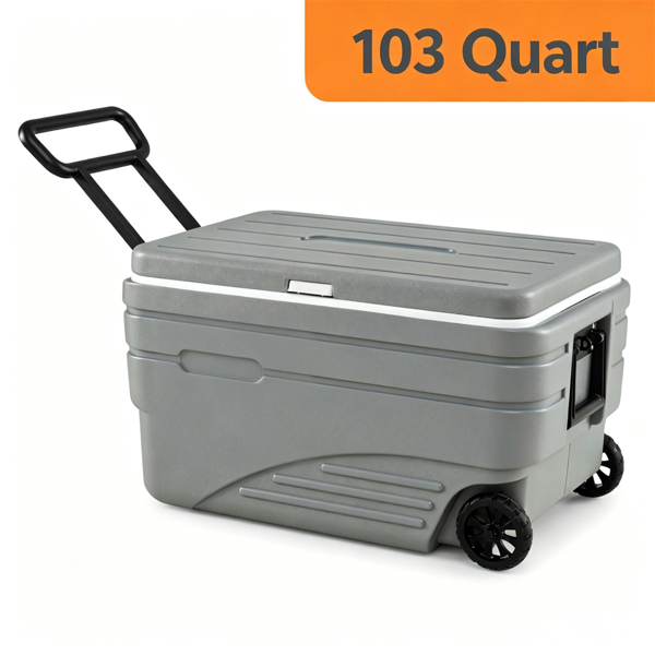 103QT Hard Ice Cooler, Retention Portable Cooler with Wheels, 330LBS Support Seat, Leak-Proof Ice Chest for Camping Beach