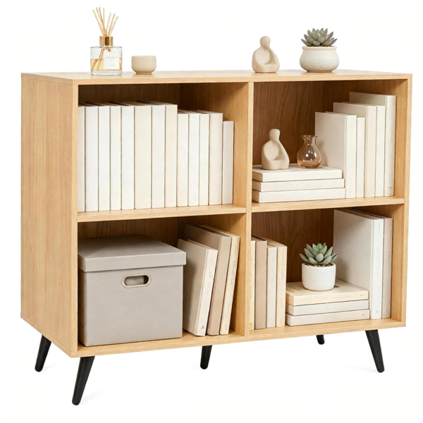 4 Cube Open Storage Bookshelf with 5 Heavy-Duty Metal Elevated Legs, Anti-Tip Wall Anchors Enclosed Back Panel Freestanding Display Cube Organizer for Living Room Home Office - Natural