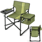 46.46" x 20.87" x 33.46" Folding Camping Chair with Side Table & Insulated Cooler Bag, Spray-Coated Aluminum Frame, Army Green with Double Light Yellow Vertical Stripes, 265 lbs Capacity Foldable Outdoor Chair for Camping Beach Fishing Picnic