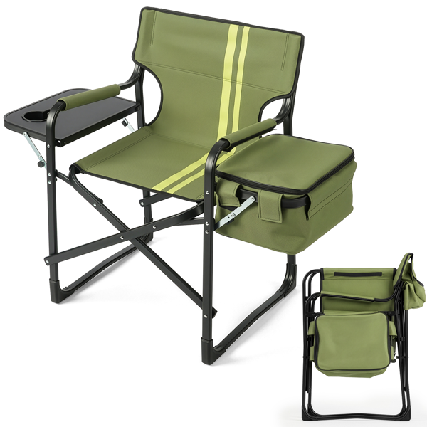 46.46" x 20.87" x 33.46" Folding Camping Chair with Side Table & Insulated Cooler Bag, Spray-Coated Aluminum Frame, Army Green with Double Light Yellow Vertical Stripes, 265 lbs Capacity Foldable Outdoor Chair for Camping Beach Fishing Picnic