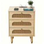 3-Drawer Nightstand with Rattan-Style Finish 15.75"*13.78"*23.82" with Power Outlet Oak - Image 3