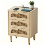 3-Drawer Nightstand with Rattan-Style Finish 15.75"*13.78"*23.82" with Power Outlet Oak - Image 4