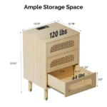 3-Drawer Nightstand with Rattan-Style Finish 15.75"*13.78"*23.82" with Power Outlet Oak - Image 6