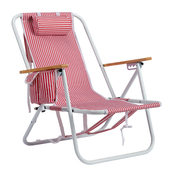 98921465_1 4-Position Adjustable Backpack Beach Chair, Foldable Rustproof Aluminum Frame Lounge Chair with Wooden Armrest, Side Storage Pockets & Detachable Pillow, 24"×22"×37" Outdoor Patio Camping Lawn Chair Holds up to 265 LBS, Red White Vertical Stripe - Image 1