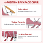 4-Position Adjustable Backpack Beach Chair, Foldable Rustproof Aluminum Frame Lounge Chair with Wooden Armrest, Side Storage Pockets & Detachable Pillow, 24"×22"×37" Outdoor Patio Camping Lawn Chair Holds up to 265 LBS, Red White Vertical Stripe - Image 6