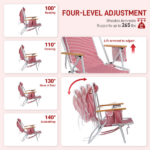 4-Position Adjustable Backpack Beach Chair, Foldable Rustproof Aluminum Frame Lounge Chair with Wooden Armrest, Side Storage Pockets & Detachable Pillow, 24"×22"×37" Outdoor Patio Camping Lawn Chair Holds up to 265 LBS, Red White Vertical Stripe - Image 7