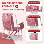 4-Position Adjustable Backpack Beach Chair, Foldable Rustproof Aluminum Frame Lounge Chair with Wooden Armrest, Side Storage Pockets & Detachable Pillow, 24"×22"×37" Outdoor Patio Camping Lawn Chair Holds up to 265 LBS, Red White Vertical Stripe - Image 8