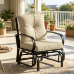 Beige Outdoor Glider Chair with Cushions Steel Frame Patio Furniture Curved Armrests for Garden Yard
