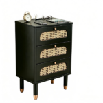 3-Drawer Nightstand with Woven Rattan Fronts and Built-in Power Outlet 15.75"*13.78"*23.82" Black - Image 3