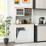 68-Inch Tilting Trash Cabinet with Hidden Trash Can & Multi-Storage Compartments, White & Natural Wood - Image 7