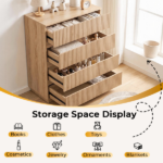 Handleless Grille-Finished 4-Drawer Bedside Table P2 Particleboard + MDF & Melamine Veneer + Thermoformed Drawer Dresser 23.62*14.96*30.71in Oak - Image 11