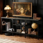 Industrial 3-Tier TV Stand for 65 Inch TV, Heavy Duty Metal Frame Entertainment Center with Anti-Tip Design & Storage Hooks for Living Room - Oak - Image 6