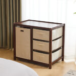 Brown painted pine wood frame children's bed with removable top, 87*53*87.5cm, includes 3 fabric drawers and 1 fabric bag, and a changing table - Image 33